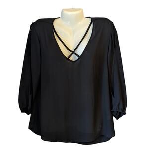 Decree Juniors Black Criss Cross Check 3/4 Arm Slit Sleeve Blouse Top L